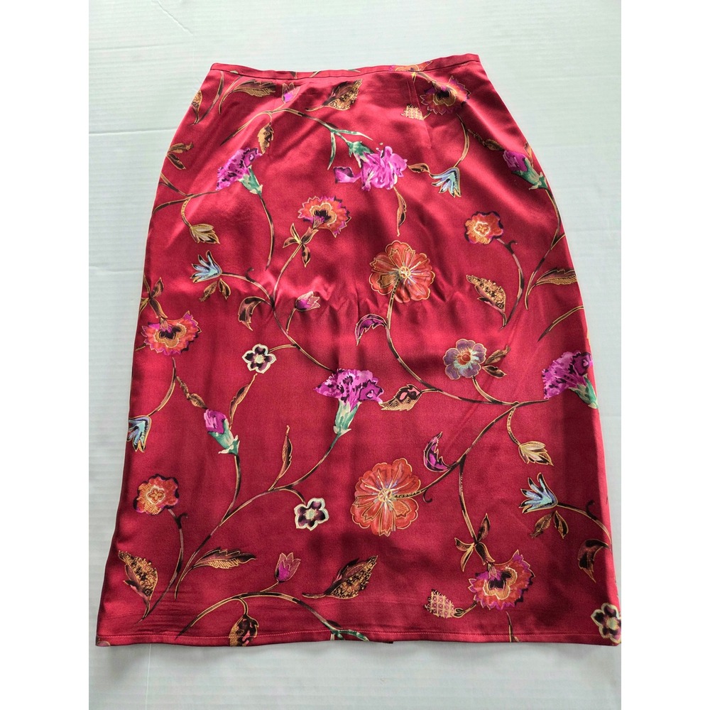 Harold Powell Silk Midi Skirt Womens 8 Red Floral Print Vintage Lined Satin